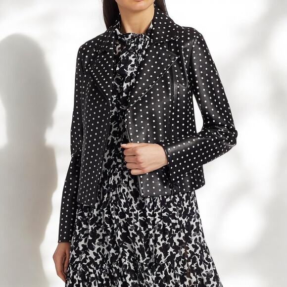 Akris Punto Jackets & Blazers - Akris Punto Jacket Womens Size 10 Black Polka Dot Moto Zip Lambskin Leather